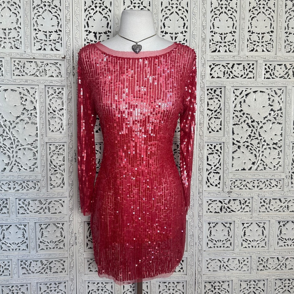 Y2K Arden B‎ NWT Red Full Sequin Sheer Mesh Fairy Long Sleeve Dress Sz Large